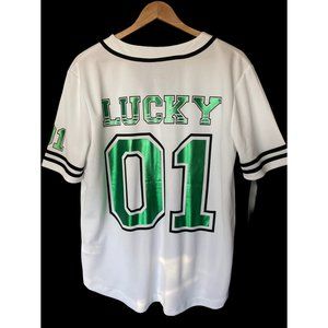 💰 5 FOR $40 /(UNISEX) R U "LUCKY" WHT/BLK JERSEY (SZ L) (EUC)
